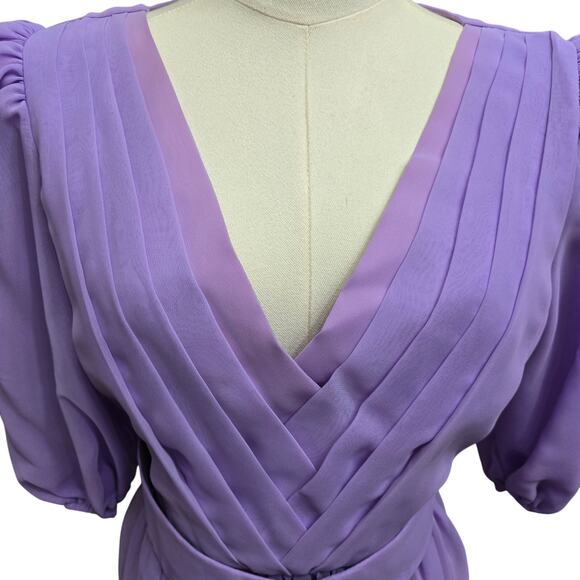 Dessy Creations Vintage 70s Purple Sheer Chiffon Pleated Puff Sleeve Gown 10 - Picture 3 of 12